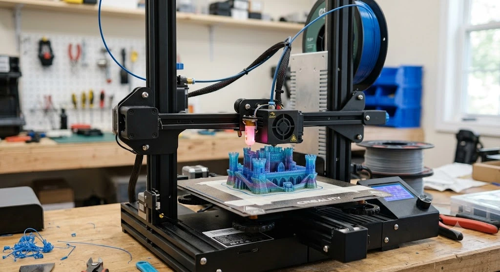 Primer plano de una impresora 3D tipo FDM (como las que usamos mucho por acá) trabajando. Se ve clarito cómo la boquilla caliente va soltando el hilo de plástico azul para armar una pieza detallada, capa por capa, sobre la base.