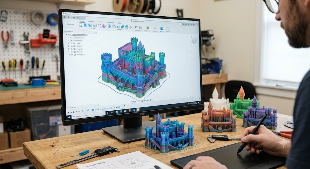 Imagen compuesta que muestra el flujo de trabajo: el modelo digital y su fabricación real simultánea.