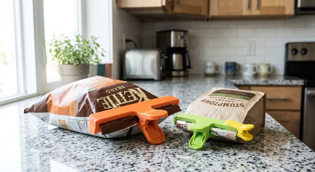 Clips impresos en 3D cerrando bolsas de alimentos en la cocina