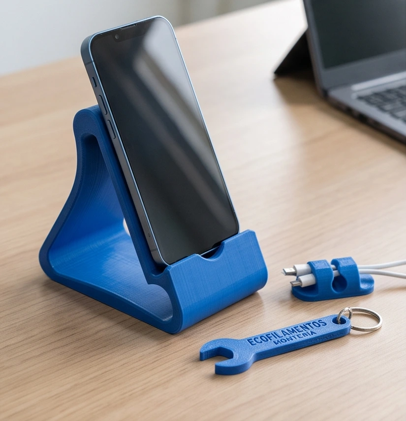 Soporte ergonómico para celular impreso en 3D en PLA sobre un escritorio moderno Soporte ergonómico para celular impreso en 3D en PLA sobre un escritorio moderno