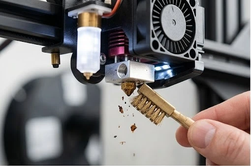 Técnico limpiando la boquilla de una impresora 3D con cepillo de bronce